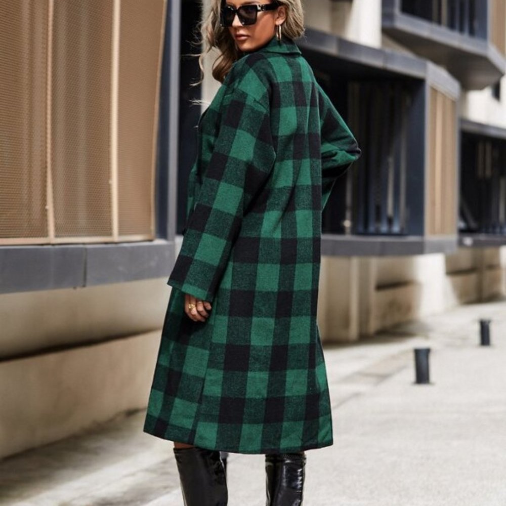 Buffalo Plaid Double Breasted Overcoat Without Bel - Picture 6 of 6